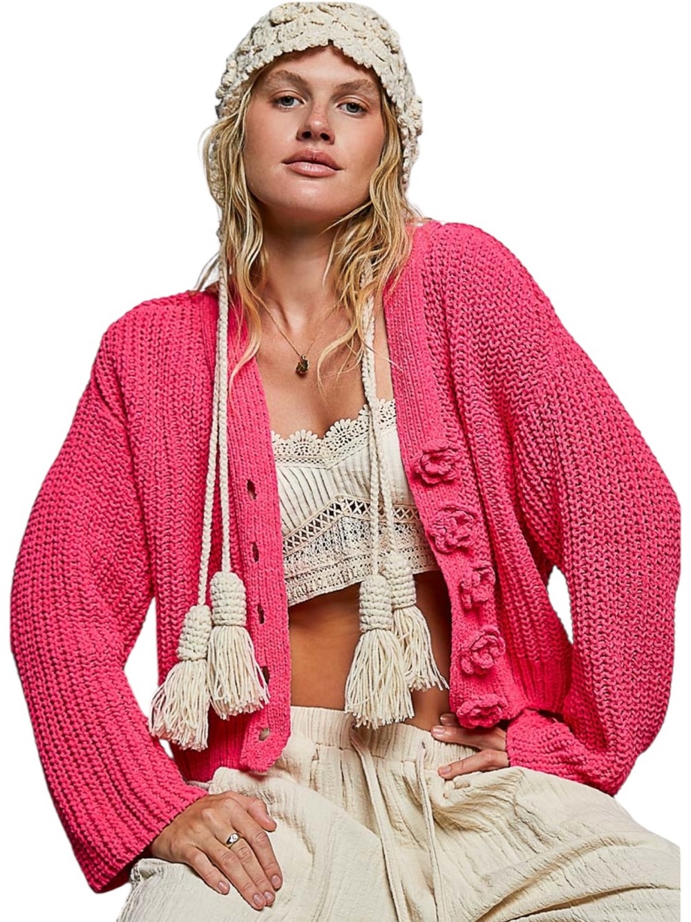 POL Pink V- Neck Long Sleeve Cardigan
